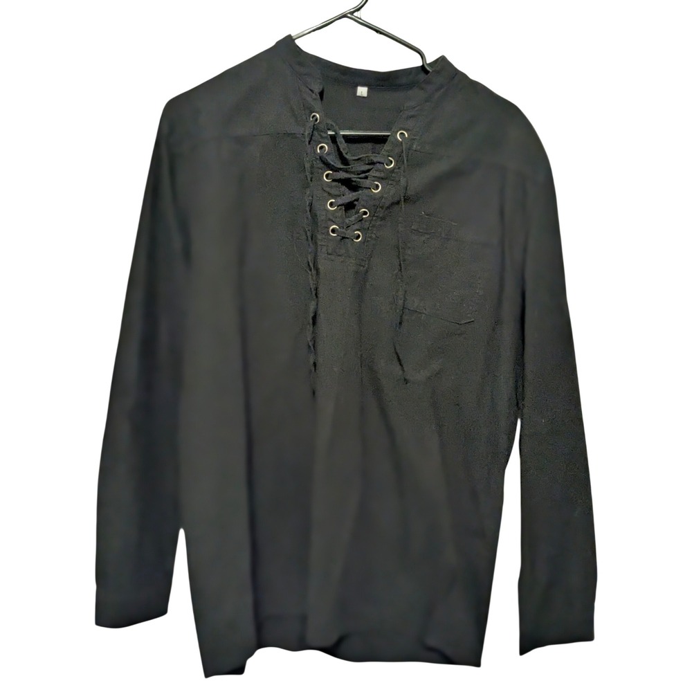 LARP Cosplay Tunic Kids L Black Lace Up Renaissance Pirate Long Sleeve Shirt